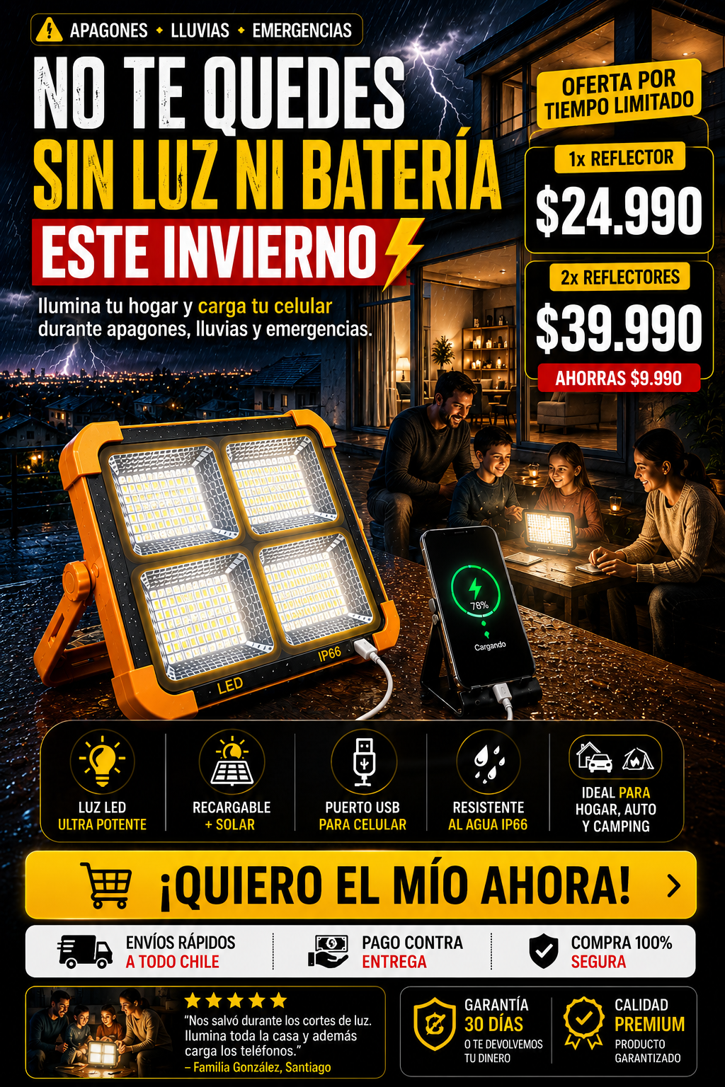 Reflector LED Solar Portátil Recargable IP66