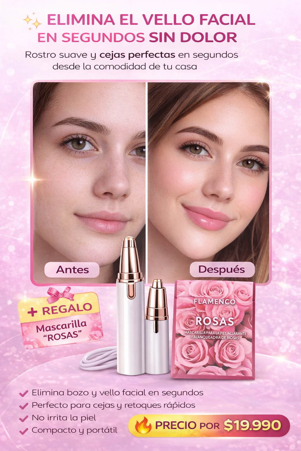 Eliminador de vello facial y define tus cejas de forma rápida, precisa y sin dolor desde casa.