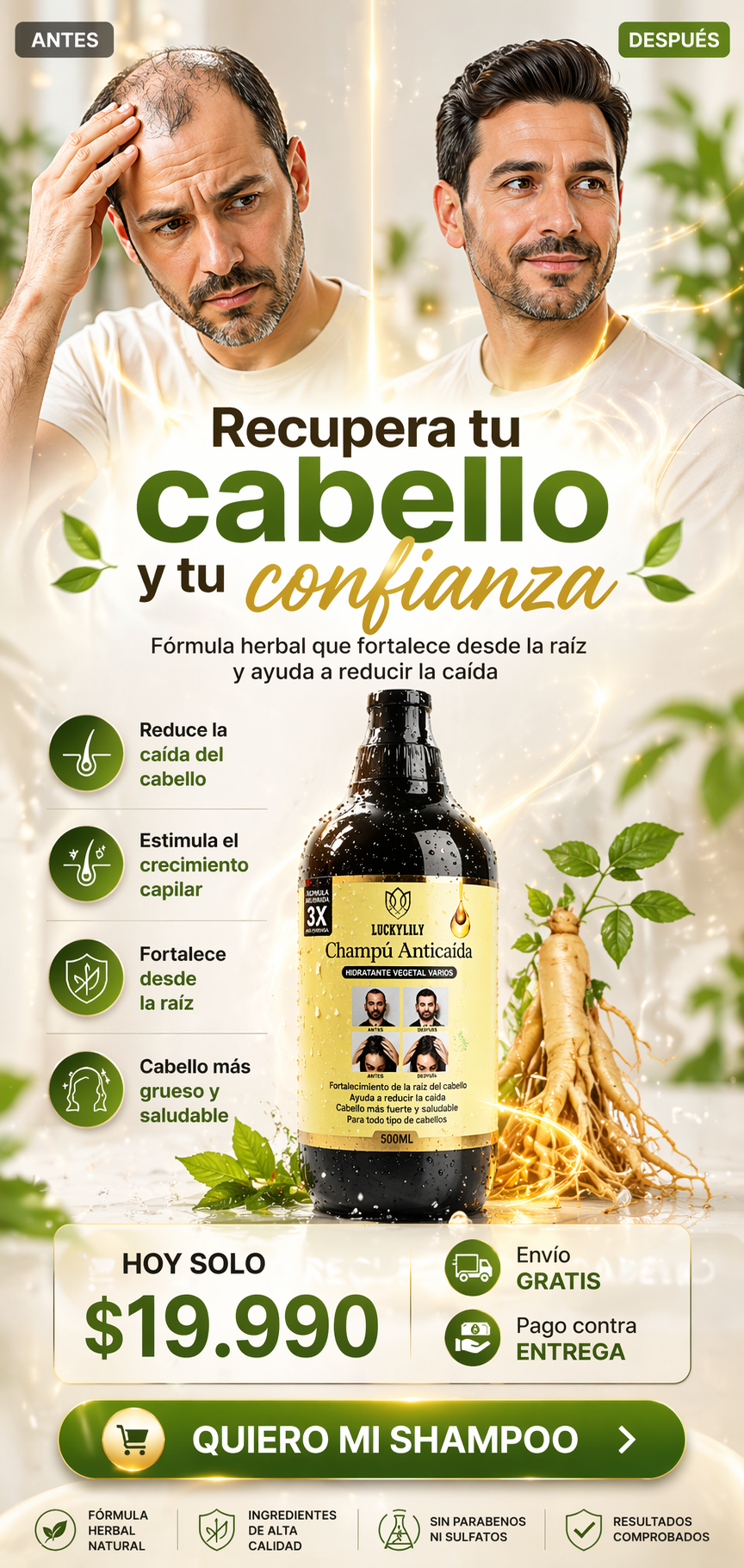 LuckyLily® Shampoo Herbal Anticaída- Reduce la caída y fortalece tu cabello desde la raíz.