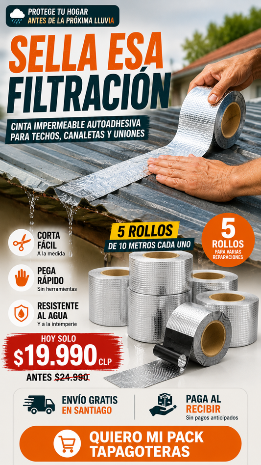 Cinta Adhesiva Tapagoteras Impermeable | Pack de 5 Rollos x 10 Metros