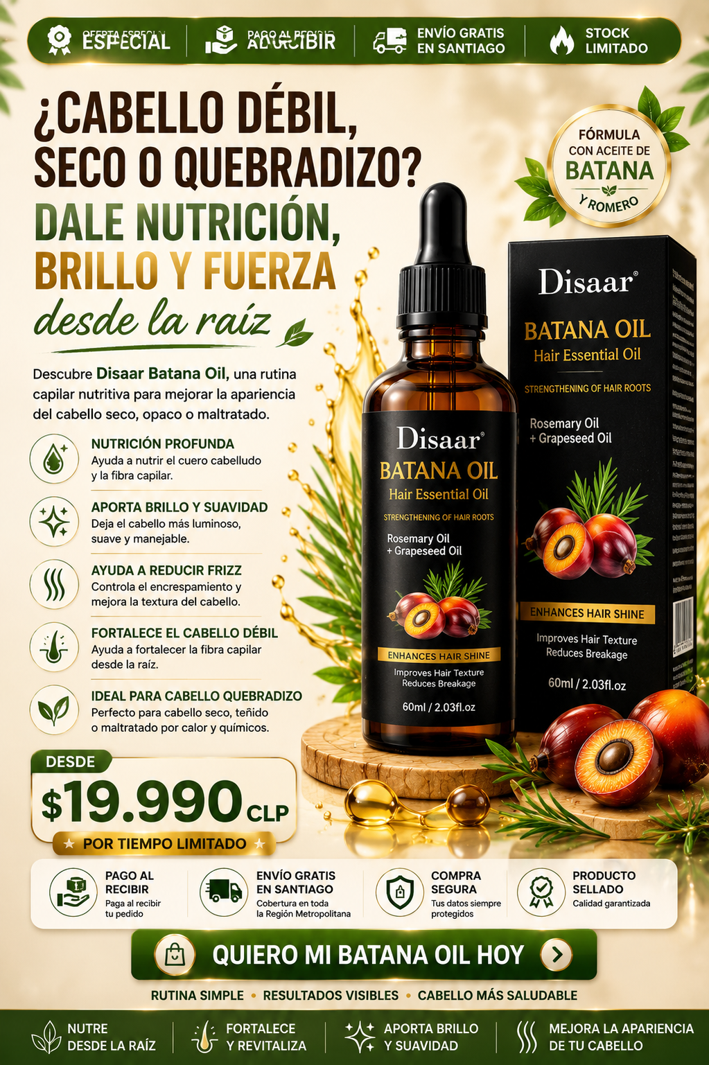 🌿 Aceite de Batana + Romero | Cabello Más Fuerte, Abundante y con Menos Caída por Quiebre