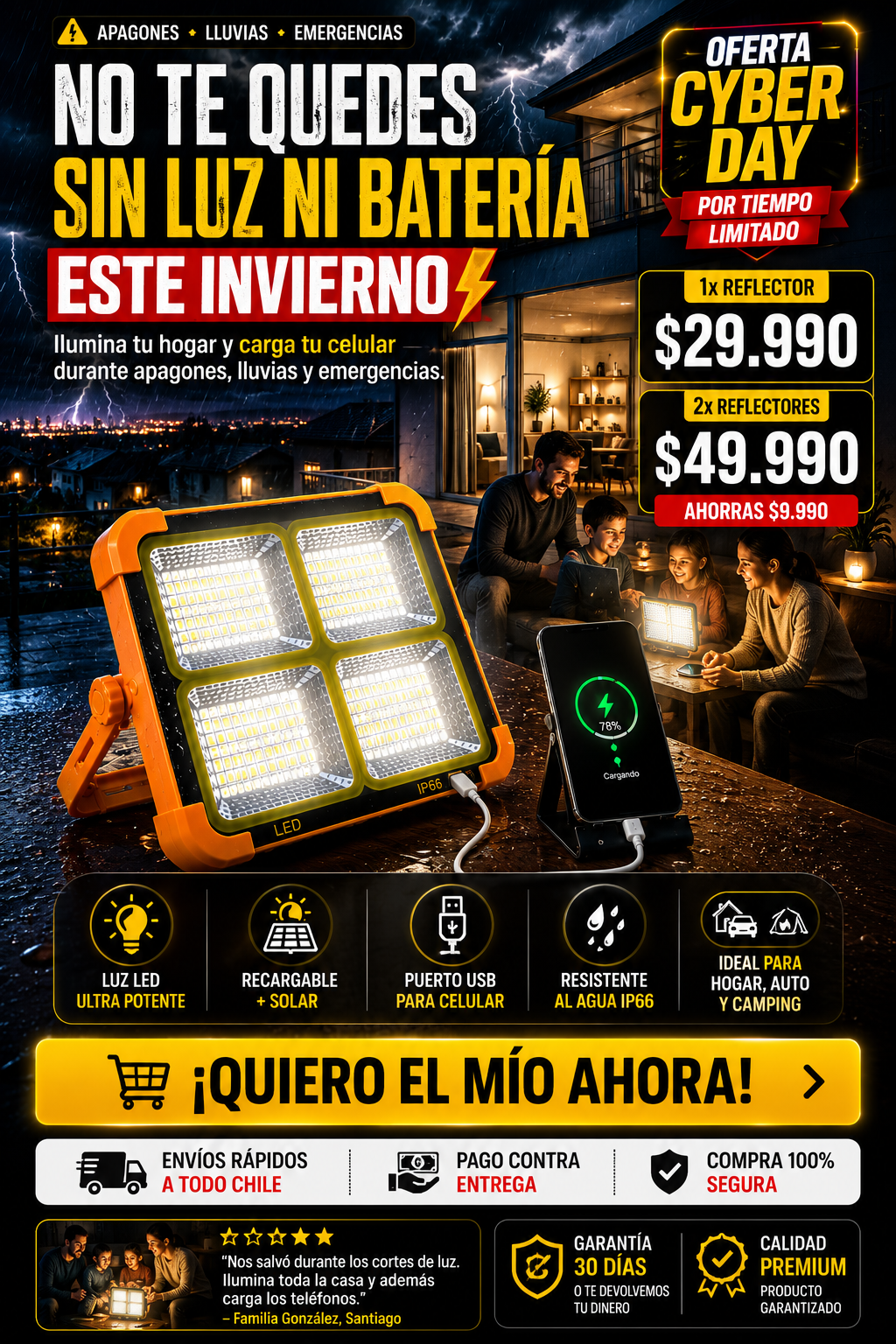 Reflector LED Solar Portátil Recargable IP66