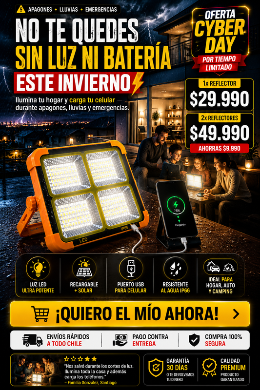 Reflector LED Solar Portátil Recargable IP66
