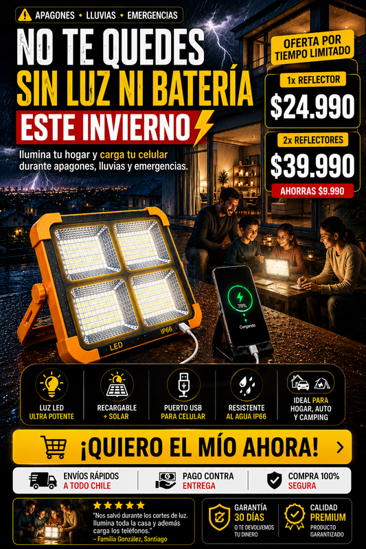 Reflector LED Solar Portátil Recargable IP66